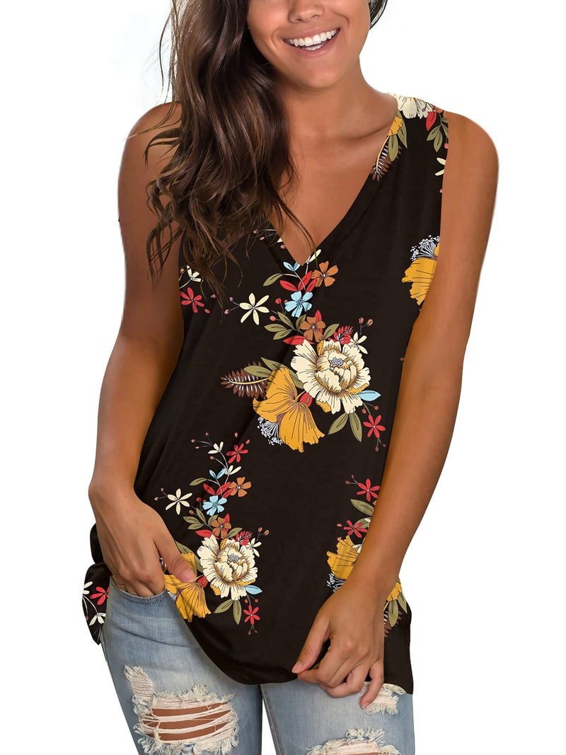 SAMPEEL Womens Plus Size Tank Tops Side Split Cami Vest Sexy V Neck Print Blouse Black XXL - Image 1